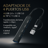 Adaptador Hub USB 4 puertos en 1 Multipuertos USB y Entrada C